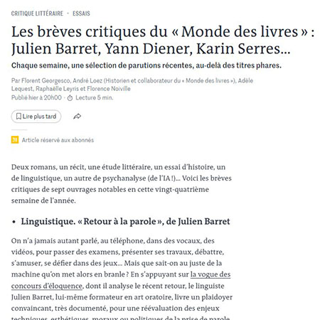 Retour à la parole dans Le Monde des livres